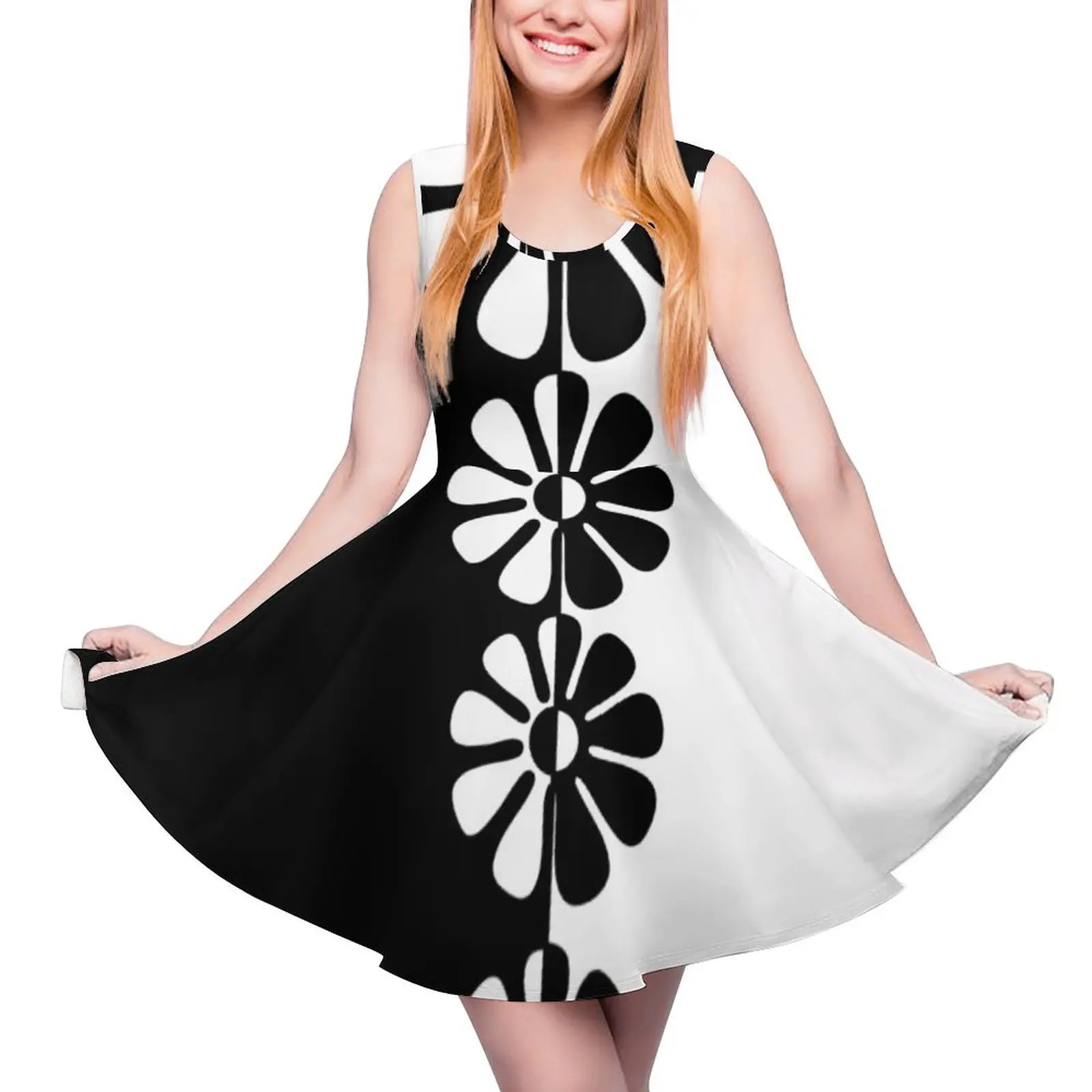 

1960"s Bold Retro Mod Flowers in Black and White Sleeveless Dress summer dresses womens 2024 prom dresses 2024