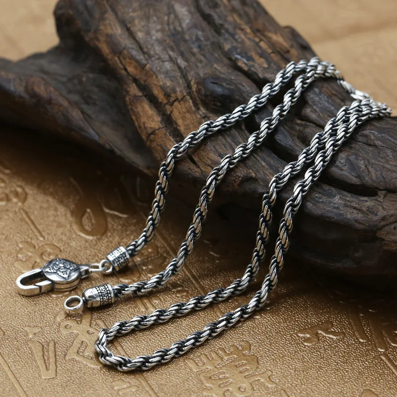 

925 sterling silver fashion trendy jewelry men's personality Thai silver vintage necklace hemp rope clavicle chain pure necklace
