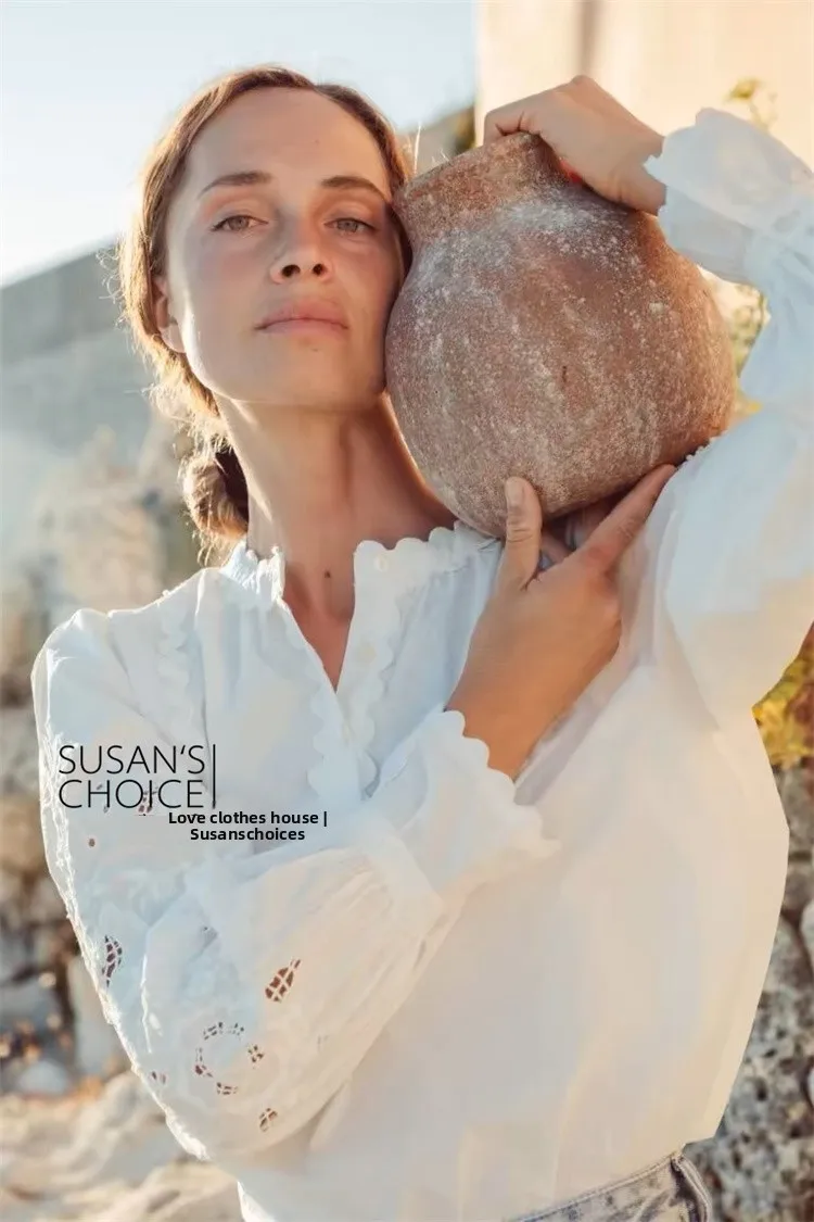 

Susan High-End Feel irt Women's Long Sve White Lace Trim Wave Bubble Sve Versatile Cotton Straight Cut Busin Top