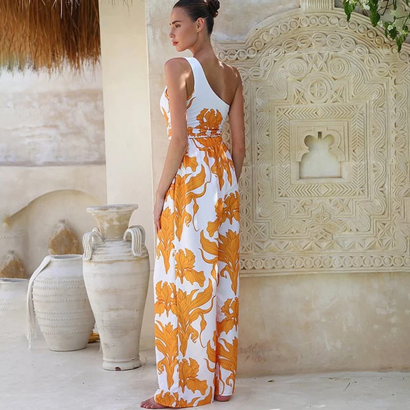 Elegant Summer Women One Shoulder Iris Print One Piece Swimsuit and Pants Casual Wide Leg Pants Jumpsuits For Women Overalls