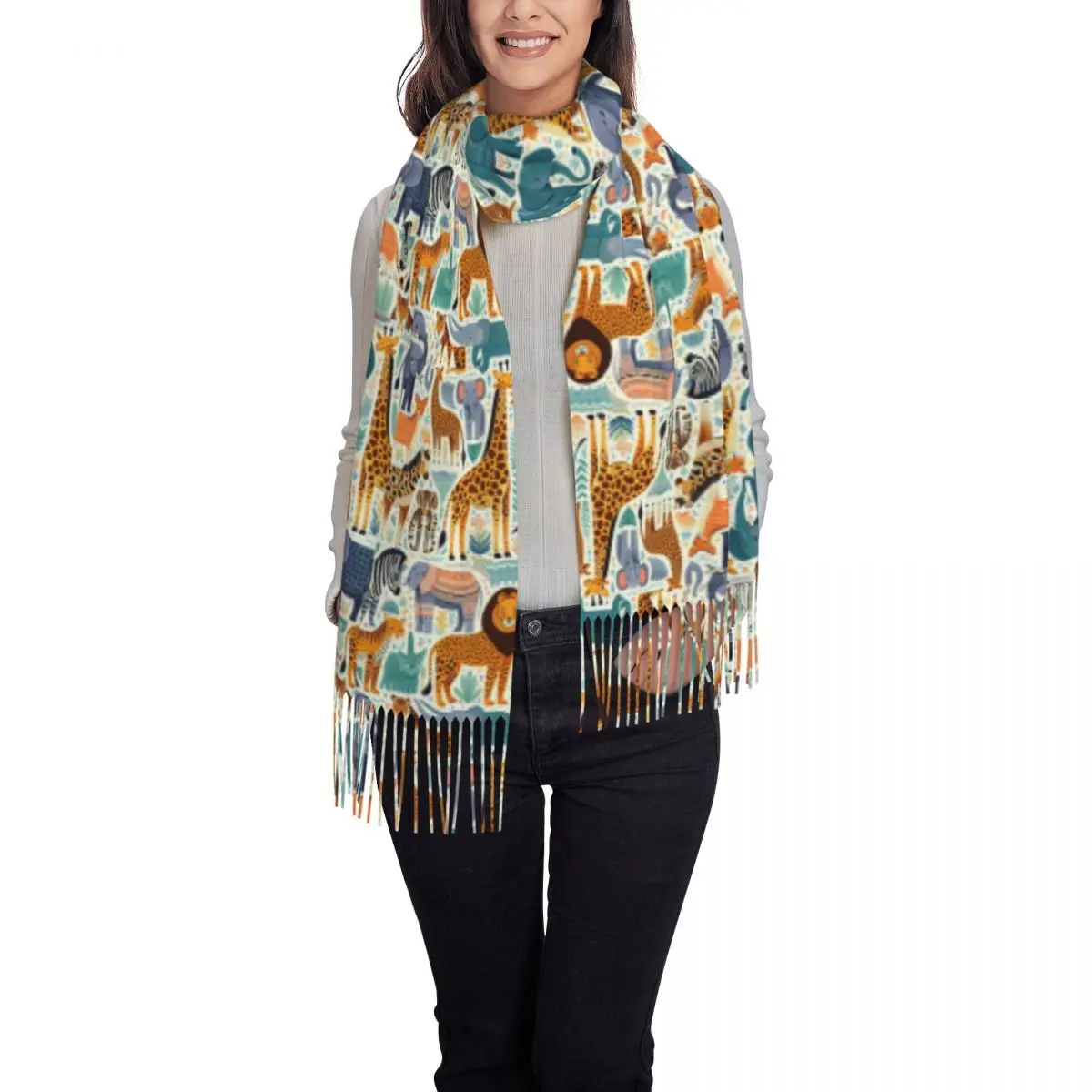 Cartoon Zoo Animals Wild Safari Friends Pattern Scarf Tassel Scarves for Women Soft Warm Shawls and Large Fall Winter Shawl Wrap