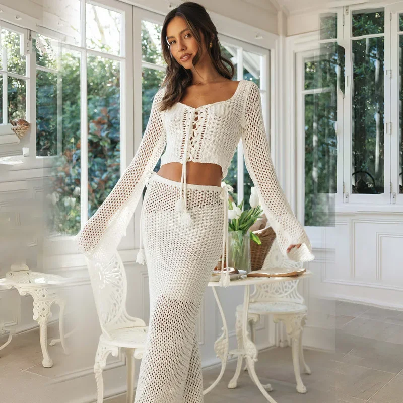 

2024 Summer New Beach Suit Women Solid Color Sexy Knit Hollow Out Beach Bikini Swimsuit Outer Suit