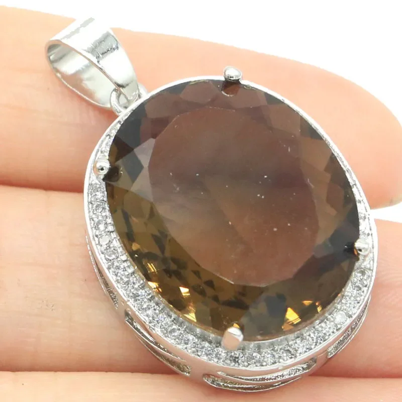 

7.7g 925 SOLID STERLING SILVER PENDANT Big Gemstone Smokey Topaz Blue Aquamarine Red Blood Ruby Pink Morganite CZ Women