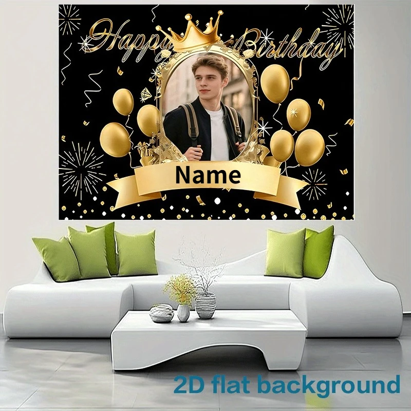 2D FLAT 1pc Custom Studio Props Banner with Personalized Photos & Name Text, Black & Gold Theme, Ideal for Family Gatherings view 5