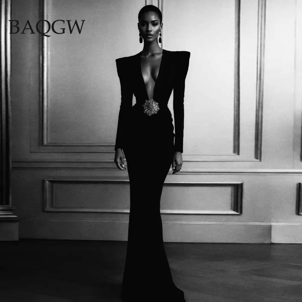 

New Autum Women's Sexy V-neck Long Sleeved Diamond Patchwork Black Tight Maxi Long Dress Elegant Celebrity Party Evening Dress