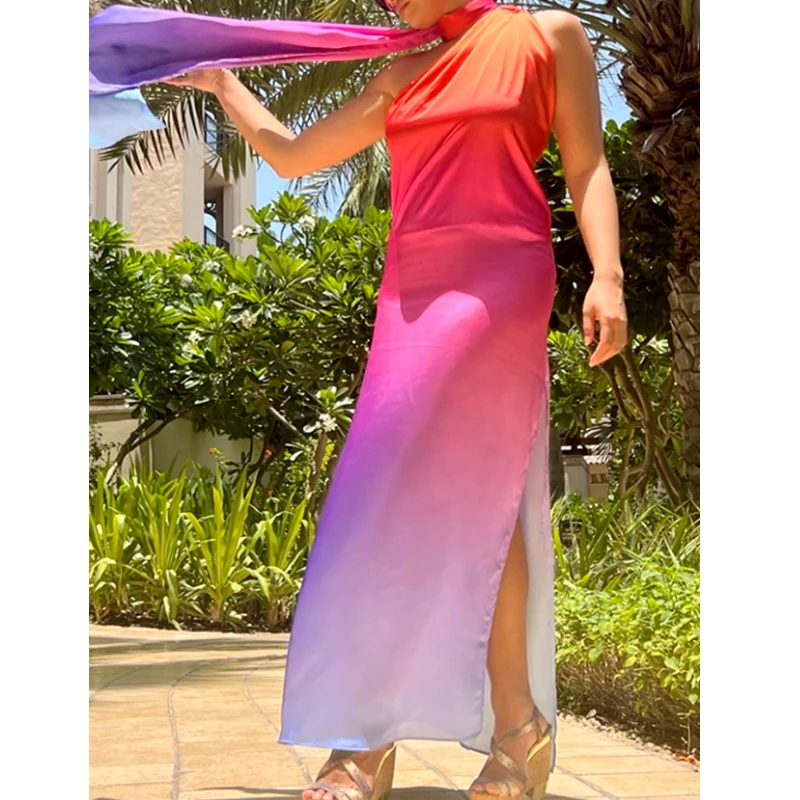 Color Gradient Swimwear Dress European and American Droop Design Loose Long Tape Maxi Skirt One-shoulder Irregular Swimsuit