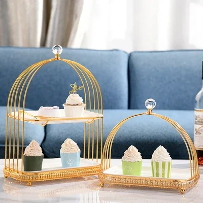 Bird Cage Storage Rack Marble Texture Double Layer Trays Metal Decorative Display Stand for Dressing Table Cosmetic Organization