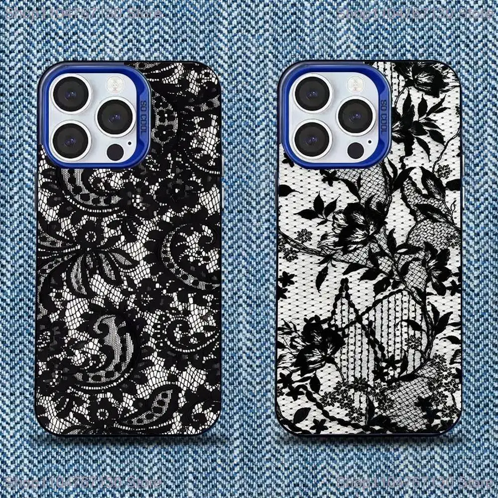 

Vintage Lace Phone Case For iPhone 17,16,15,14,13,12,11,Mini,Pro,SE,MAX Blue Matte Silicone Cover