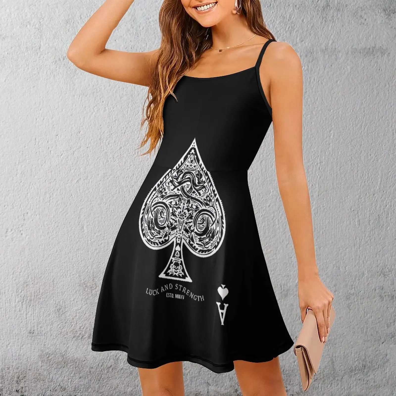 

Ace Spade Luck Strength Top Quality Exotic Woman's Gown Women's Sling Dress Humor Graphic Vacations Suspender Dress