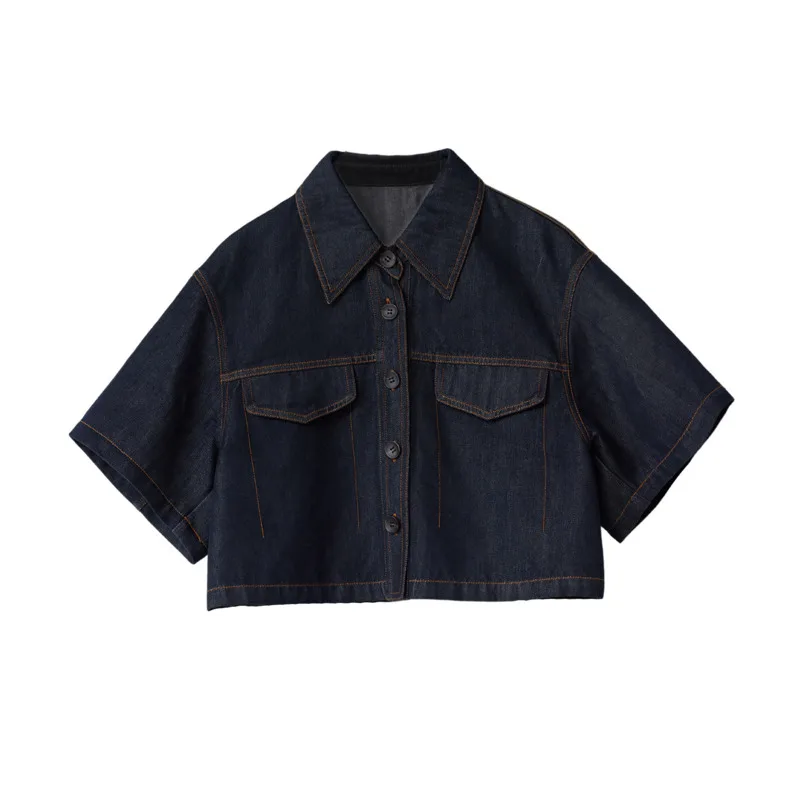 ANJY Spring Summer New Women Fashion Washed Short Sleeve Loose Versatile Turn-Down Collar Stylish High Street Denim Shirt A24697