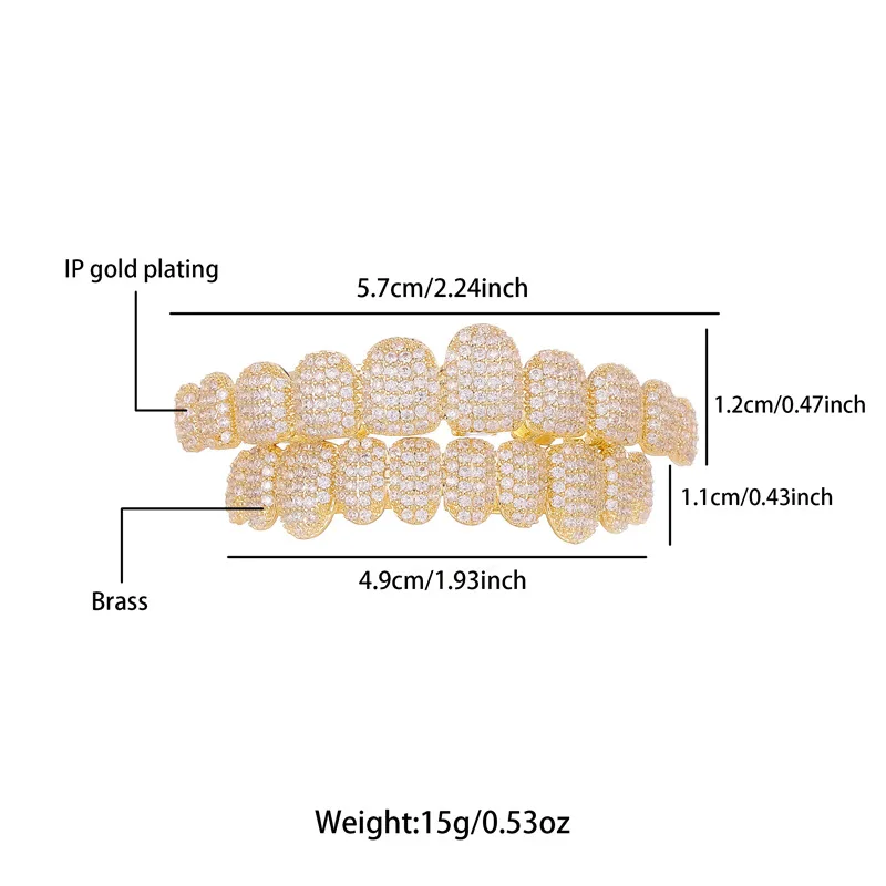 Hip Hop 10 Full CZ Stones Long Teeth Grillz Caps Cubic Zircon Iced Out Micro Pave Top&Bottom Charm Grills For Men Women Jewelry