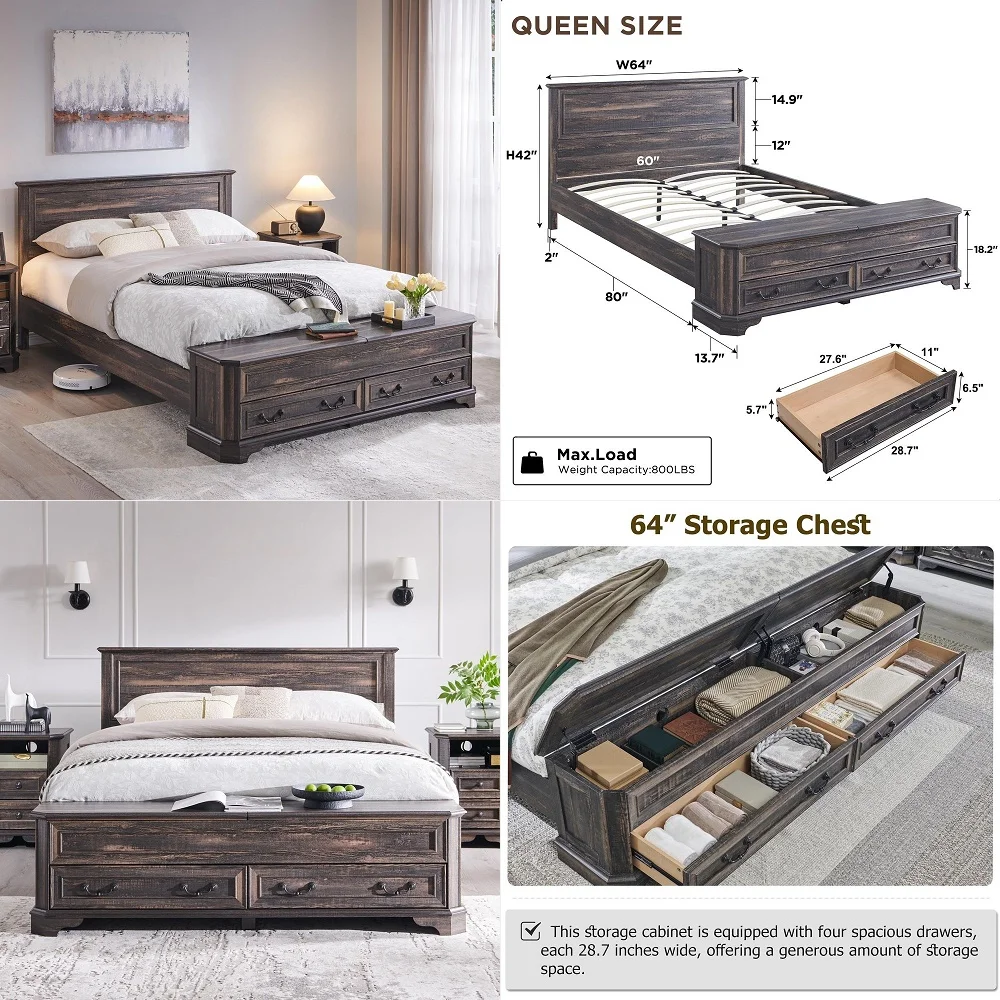 

Farmhouse Queen Bed with Headboard and Storage Bench, Rustic Wood Platform Bed with 64 Storage Chest w 4 Large Drawer, Dark Rus