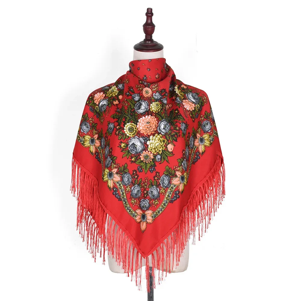 115*115cm Luxury Floral Print Russian Square Scarf Women Ethnic Style Traditional Fringed Ukrainian Shawl  Travel Beach Shawls