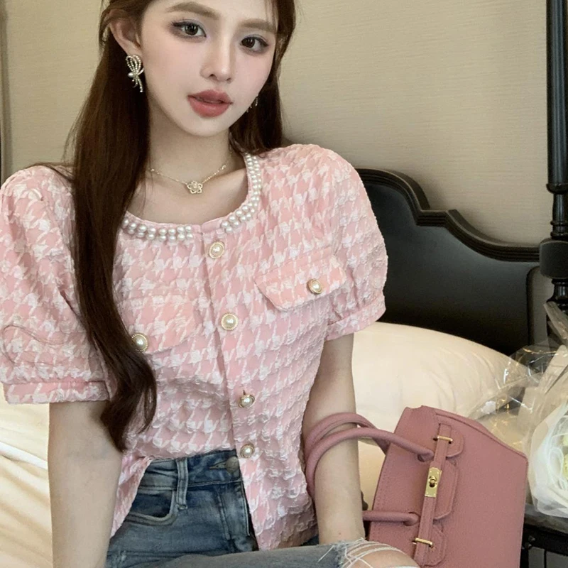 Rimocy Fashion Beading Round Neck Shirts Women Summer Korean Short Sleeve Pink Blouses Woman Chic Pearls Button Up Crop Tops