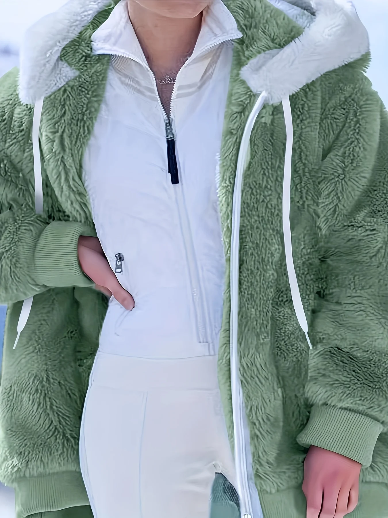 Große Winterjacke im neuen Stil aus Fleece mit lockerem Reißverschluss und Kapuze in reiner Farbe für Damen. – Detail 3