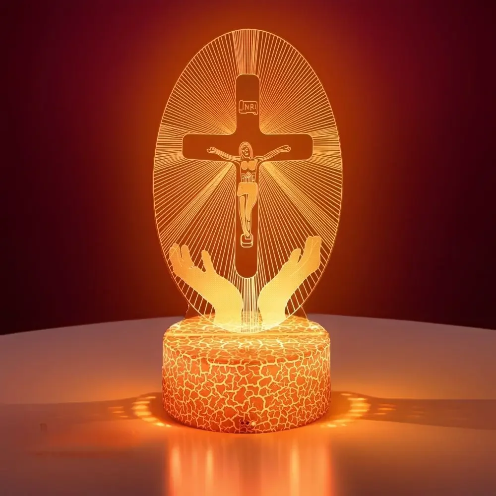 Jesus Cross 3D Lamp Friends Xmas Easter LED Night Light Crucifix Optical Illusion Nightlight Desk Table Lamps Room Decor Gifts