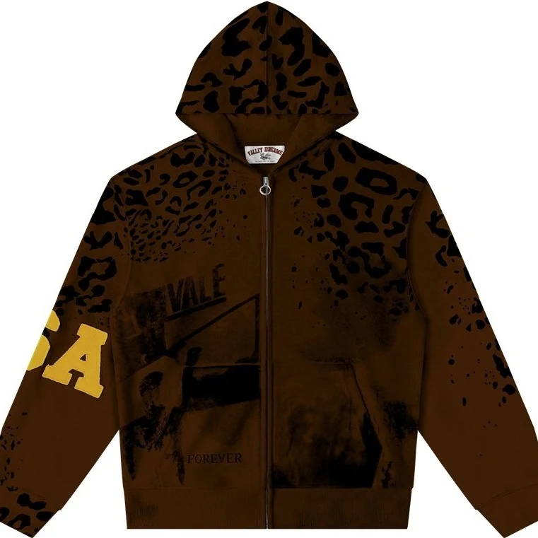 VALE FOREVER Leopard Patchwork Loose Hooded Zip Sweatshirt, Vintage Print Casual Jacket for Men & Women