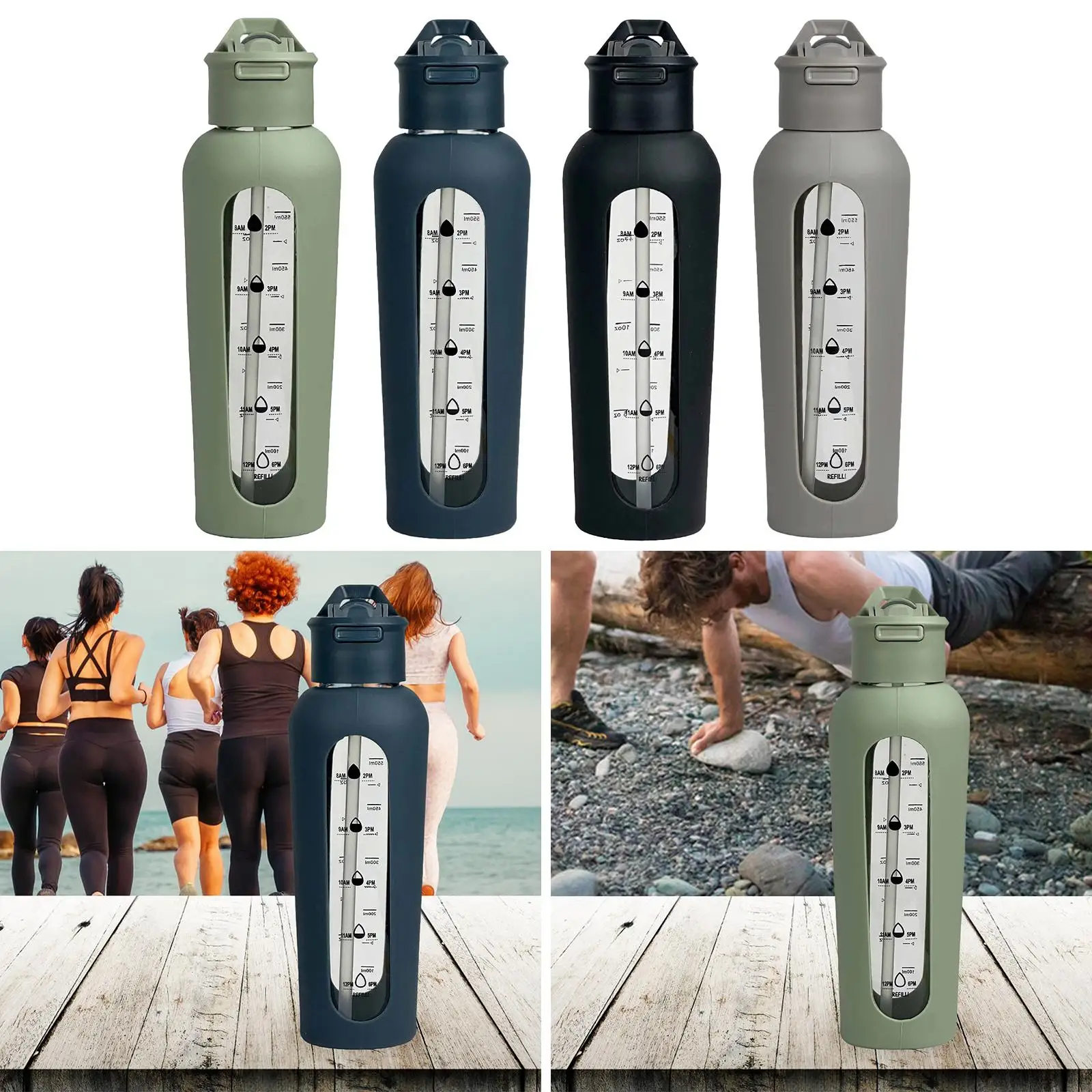 Glass Water Bottle Sports Bottle Water Jug Drink Bottle for Gym Workout Camping Backpacking