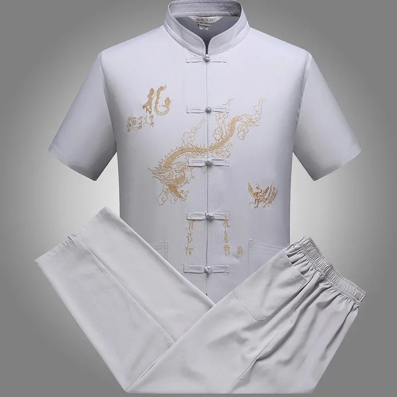 Men's Traditional Chinese Costume Set 2-piece Short Sleeve Shirt+Pants Breathable Embroidery Men's Kung Fu Tang Suit Casual Set