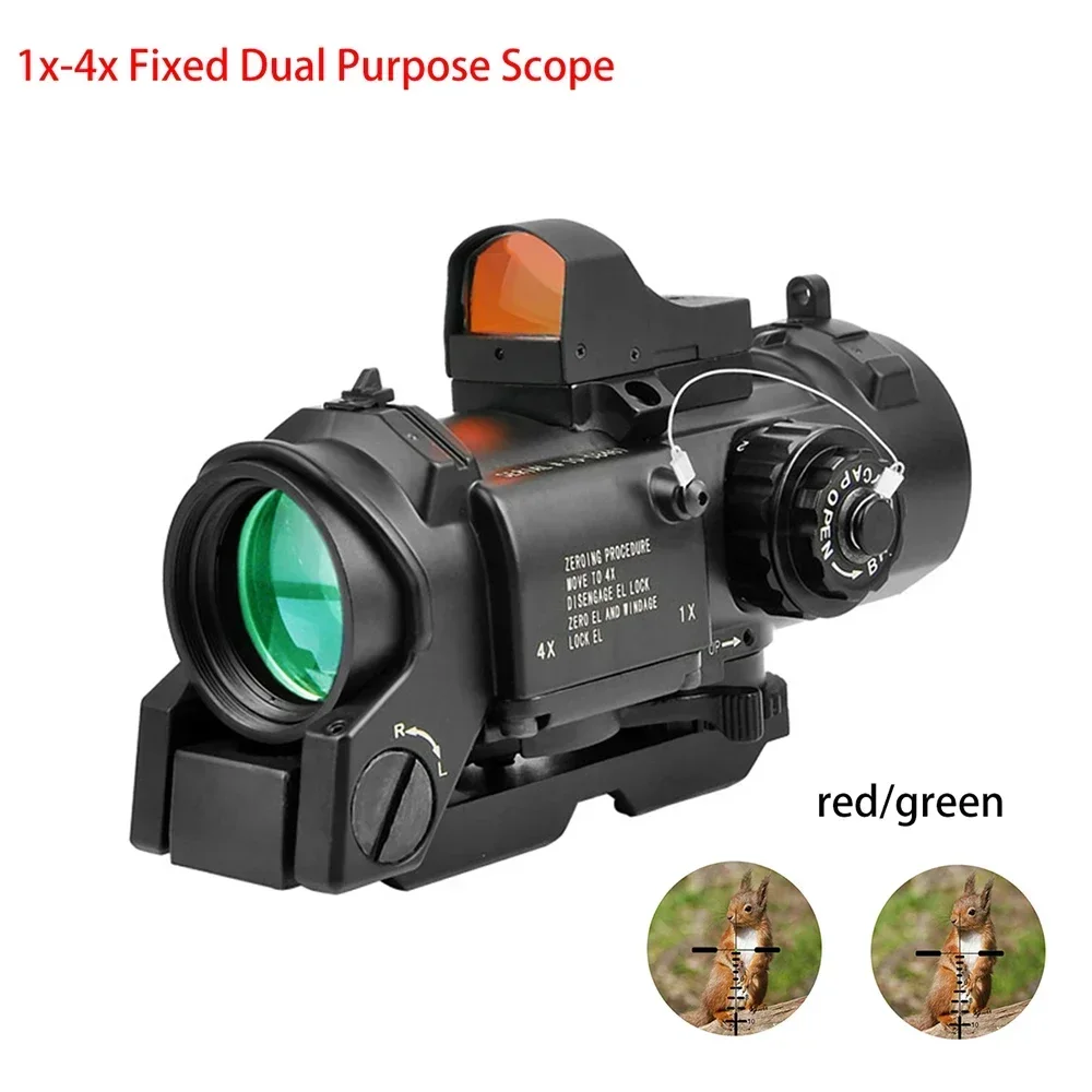 Tactical Wide Angle 1x-4x Fixed Dual Purpose Tactical Rifle Scope With Mini Red Dot Scope  Sight Combo Rubber Covers Black/Tan