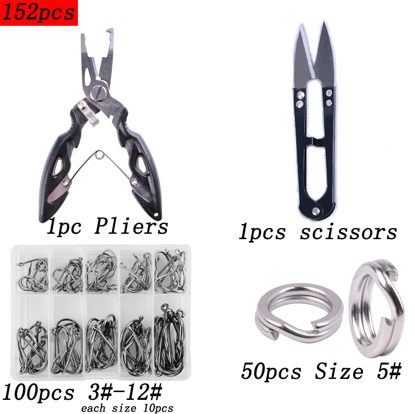 

152PCS Fishing Tools Set With Fishing Lures Pliers Scissors Split Rings Fish Hooks Kit Set Fishing Accessories Tool Tackle