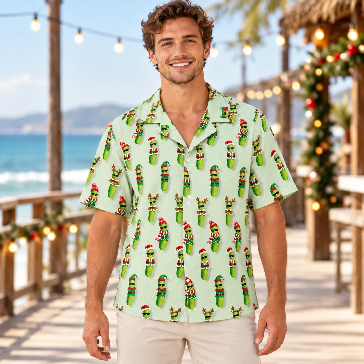 2027 Christmas Pickle and Festive Animal Print Hawaiian Shirt Mens Novelty Short Sleeve Shirts with Holiday Button Up Styling