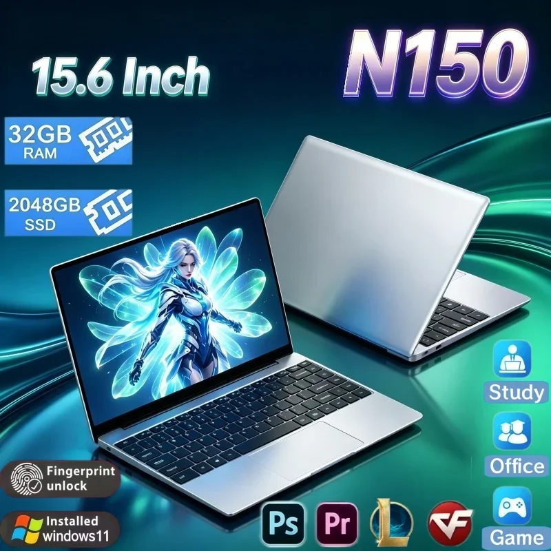 15.6‑inch Ultra Thin Notebook Intel N150 Processor Win11 32GB RAM 2TB SSD Fingerprint Lock For Daily Work Study Laptop
