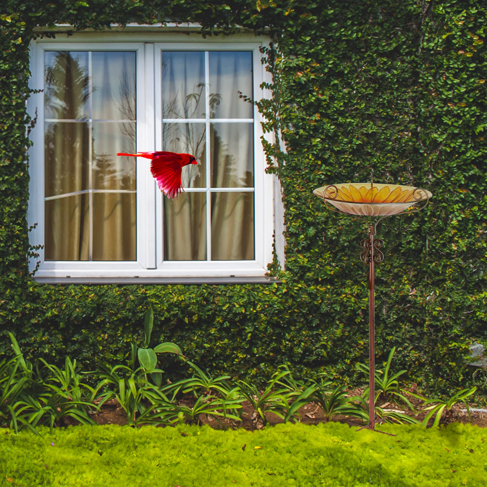 Alimentador de pájaros de vidrio con Estaca de Metal, 25 pulgadas de altura, baño de pájaros, jardín al aire libre