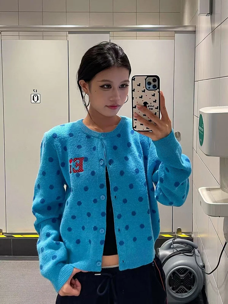 

American Polka Dot Knitted Cardigan Women Winter O Neck Single-Breasted Casual Crop Sweater Y2K Korean Sweet Preppy Soft Jumper