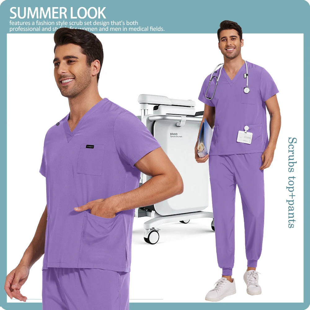 医療スクラブセット制服女性臨床作業服ナース手術室スクラブセットポケットトップ + パンツ看護スーツ美容服