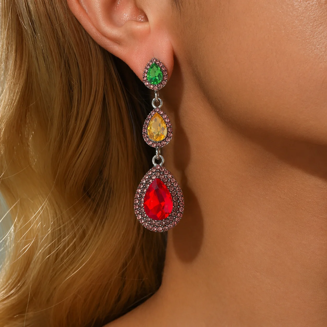 Three Piece Water Droplet Colored Diamond Earrings for Women's Styling Earrings for Dinner Dress Matching