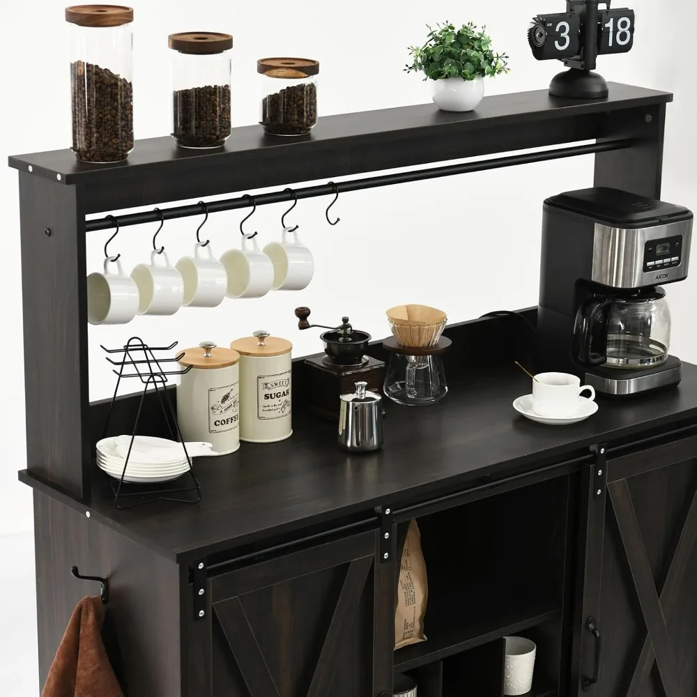 Farmhouse Coffee Bar Cabinet with 6 Hooks, 47 Inch Coffee Bar Hutch with 9 Wine Racks, Coffee Bar Table with Sliding Barn Door,