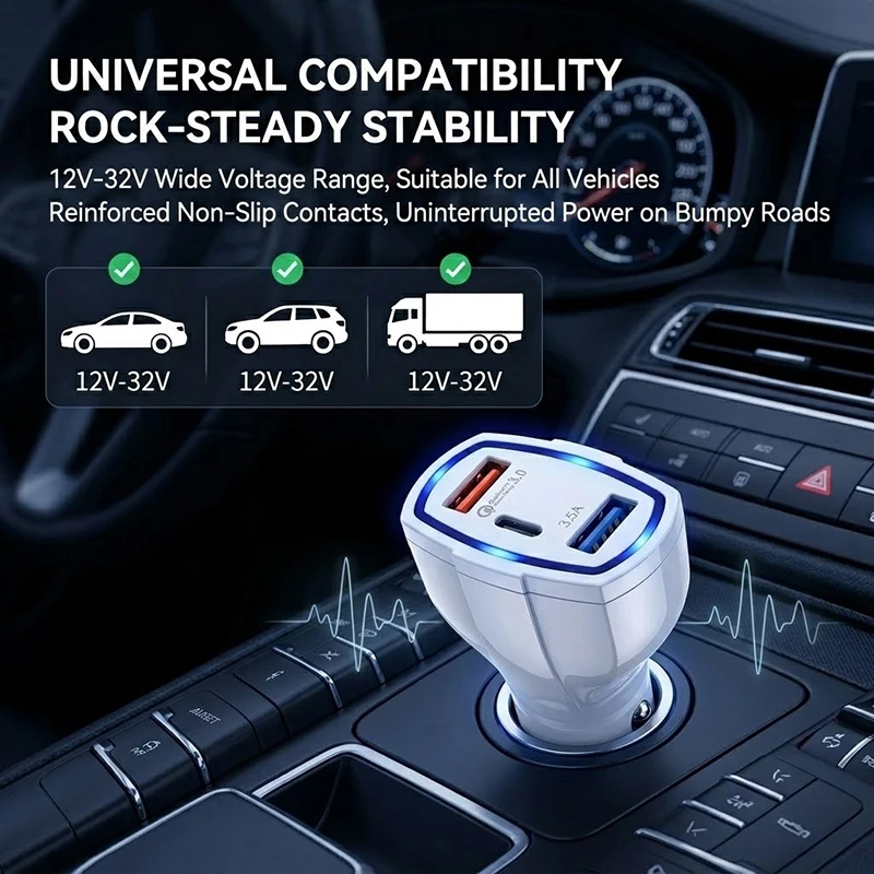 Smart 3-Port Car Charger QC 3.0 Dual USB Type C Fast Power Adapter 7A Max Current Auto Vehicle Lighter Plug For 12V-32V Trucks