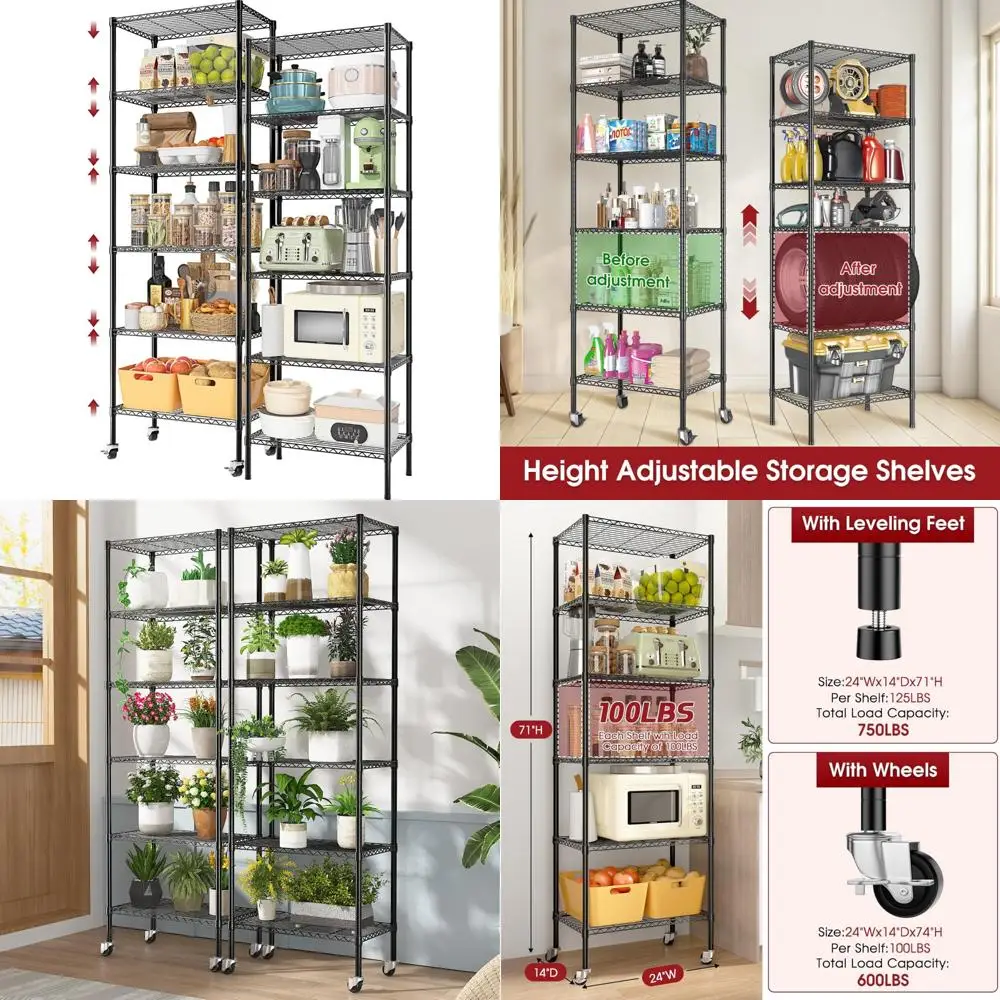 

Heavy Duty Adjustable 6-Shelf Metal Garage Shelving with Wheels, 750 lbs Capacity, 14D x 24W x 71H, Space-Saving Storage Solutio