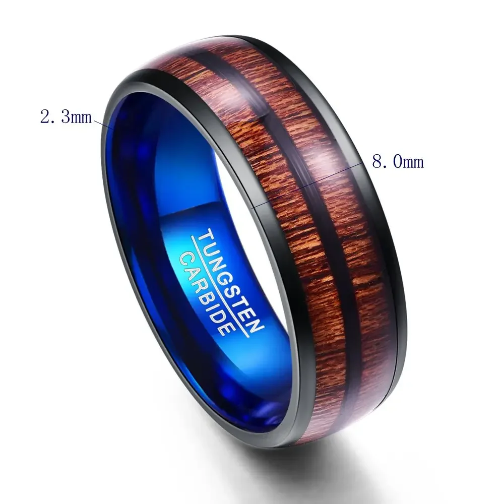 Nuncad Tungsten Carbide Rings 8MM Wide Plating Black and Blue Dome Tungsten Rings Double Groove Inlaid Acacia Wood Tungsten Ring