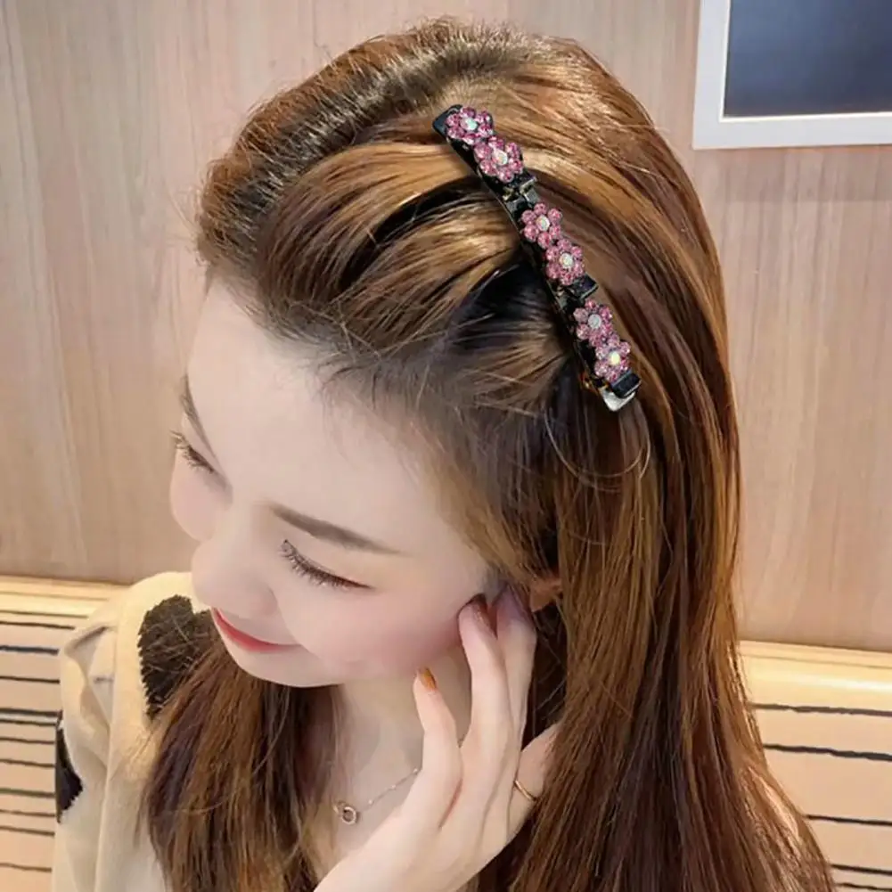 Korean Style Hair Barrette Tight Headwear Side Bang Clip Shiny Rhinestone Flower Decor Double Layer Hairpin Hair Accessories