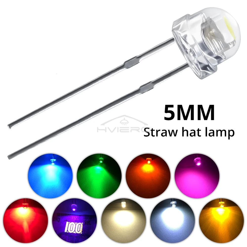 100Pcs 5mm Straw Hat White Red Green Blue Yellow Smd Smt Led Water Clear Bright Wides Angle Emitting Diode Bulbs DIY Lights Bead image 5