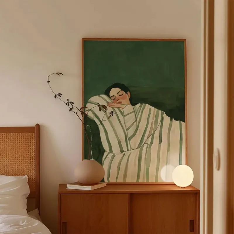 Emerald Green Abstract Stripe Woman Poster Modern Artwork Minimalist Female Canvas Painting Wall Art Living Room Home Decor
