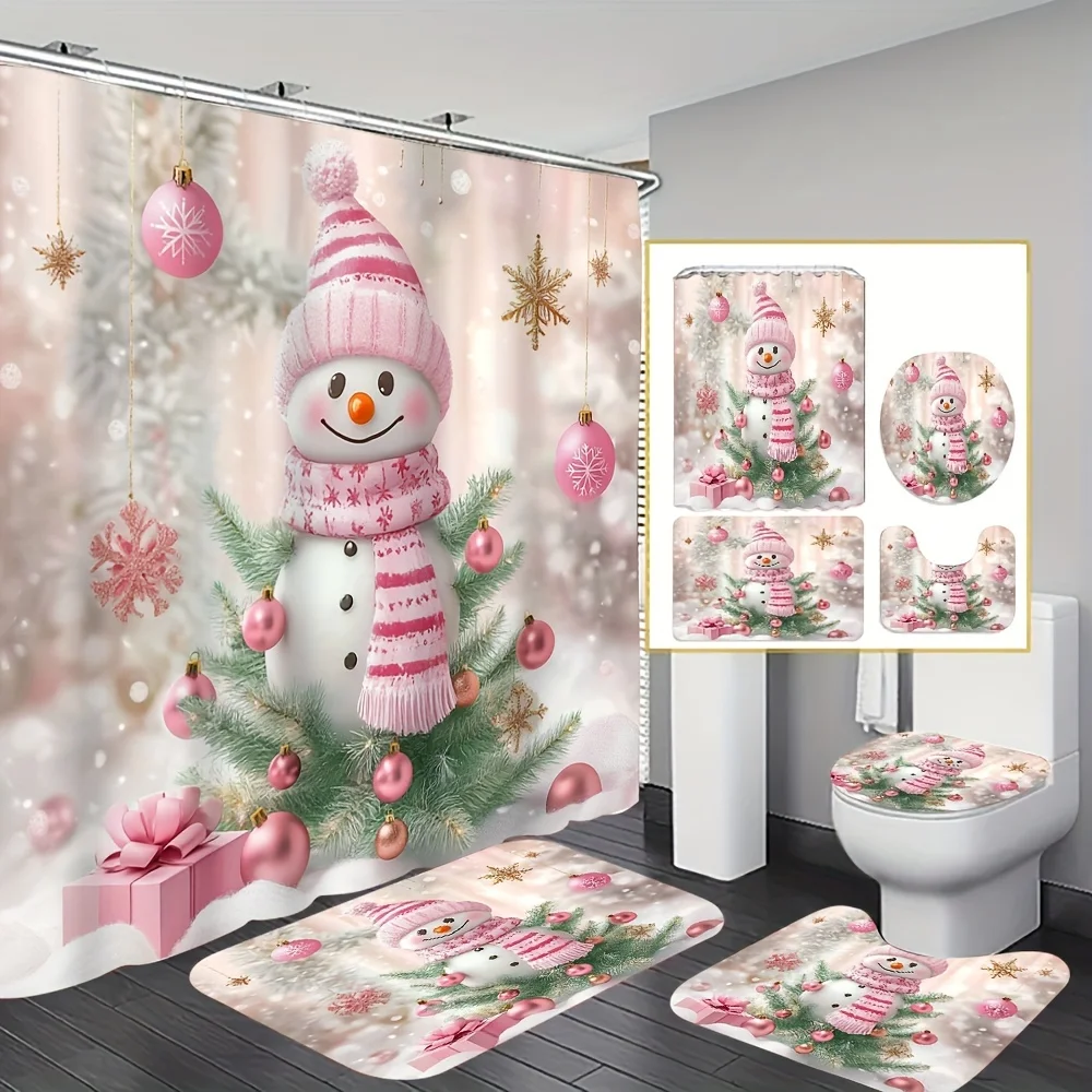 

4 шт., рождественский комплект занавесок для душа со снеговиком, с крючком и U-образным чехлом на сиденье унитаза, аксессуары для ванной комнаты, рождественские украшения