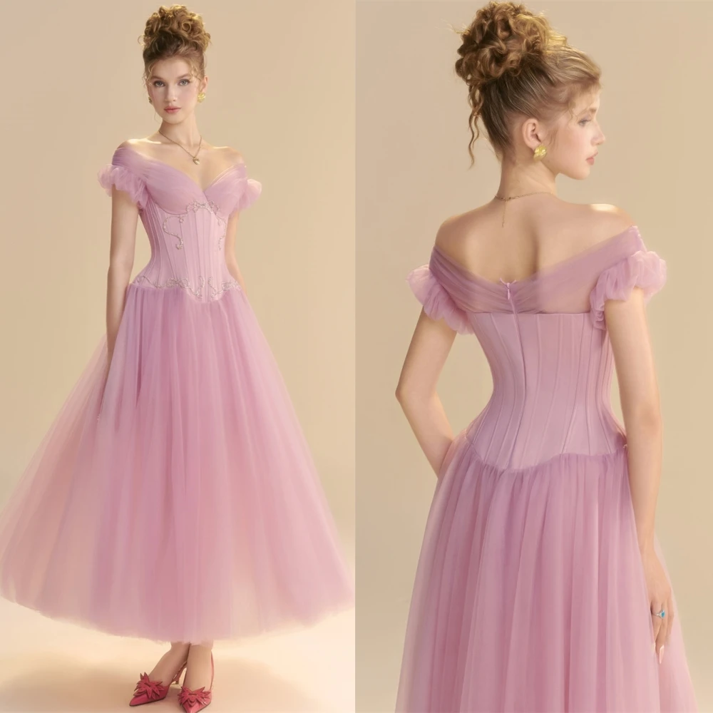 

Customized Graceful Tulle Evening Dress Delicate V-Neck Prom Dresses Temperament Off the Shoulder Special Occasion Gowns
