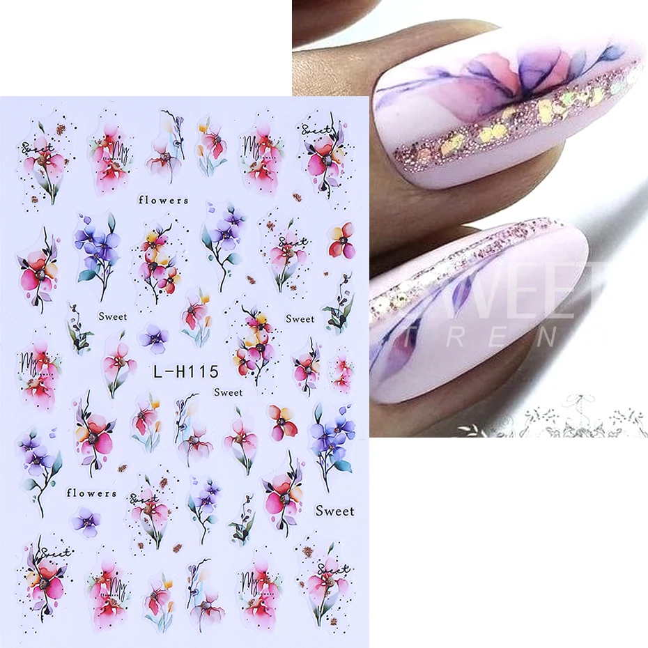 12 calcomanías 3D de flores y hojas para uñas, diseño de verano 2