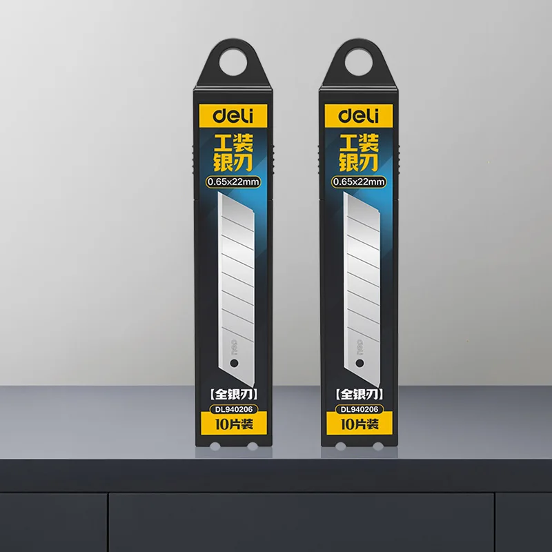 DELI mesjes voor universele messen, 22 mm, 0,65 mm, gelegeerd staal, 60 ° Vervangende messen voor snijmachines, universeel geschikt voor de meeste standaard messen, verpakking met 10 stuks.