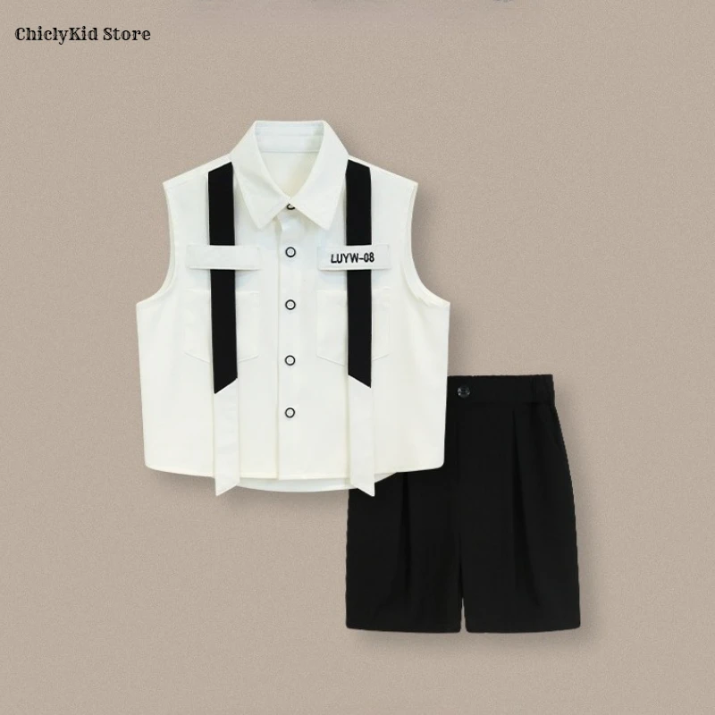

Boys British Sleeveless Shirt Shorts Formal Dress Kids Summer Solid Color Blazer Clothes Sets Children Tuxedo Toddler Costumes