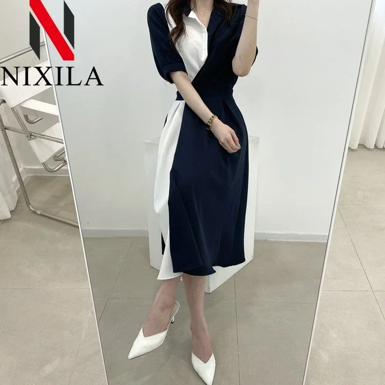 Elegante escritório feminino retalhos camisa vestido vintage a linha midi primavera verão roupas de manga curta para senhoras