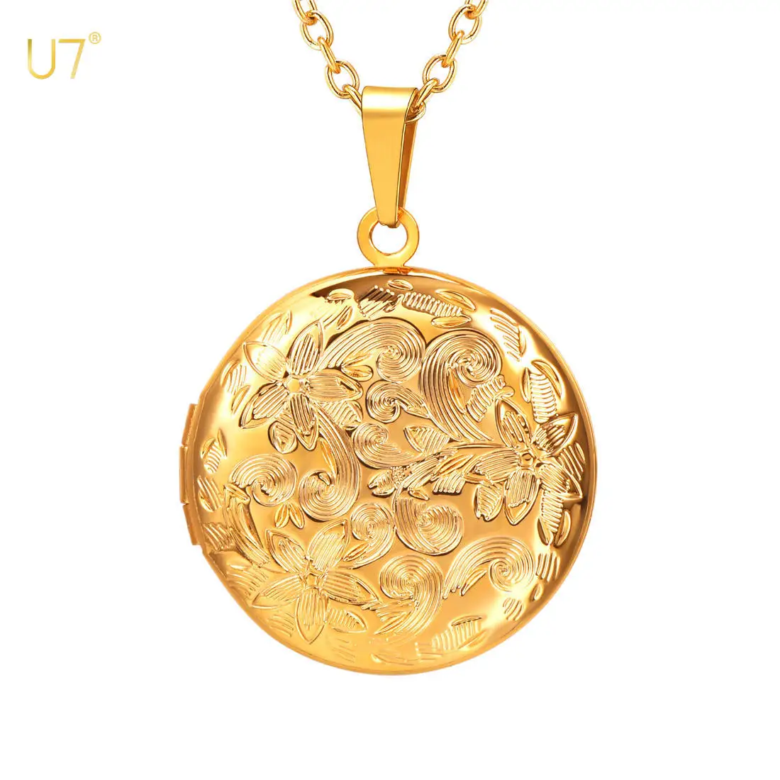 U7 Embossed Flower Vintage Openable Locket Necklaces for Women Memorial Photo Message DIY Personaized Jewelry for Her