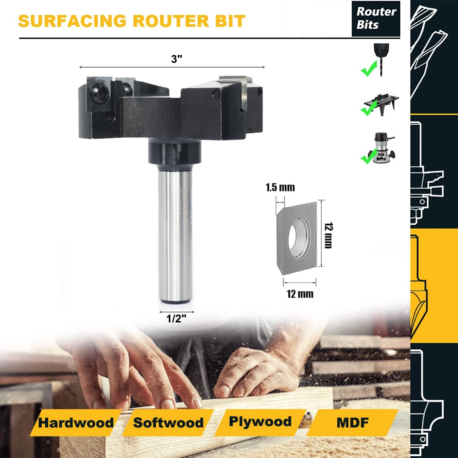 CNC Spoilboard Surfacing Router Bits 4 Flutes Rotation Carbide Insert Slab Flattening&Rabbeting Flycutter Planing Bit OEM/ODM