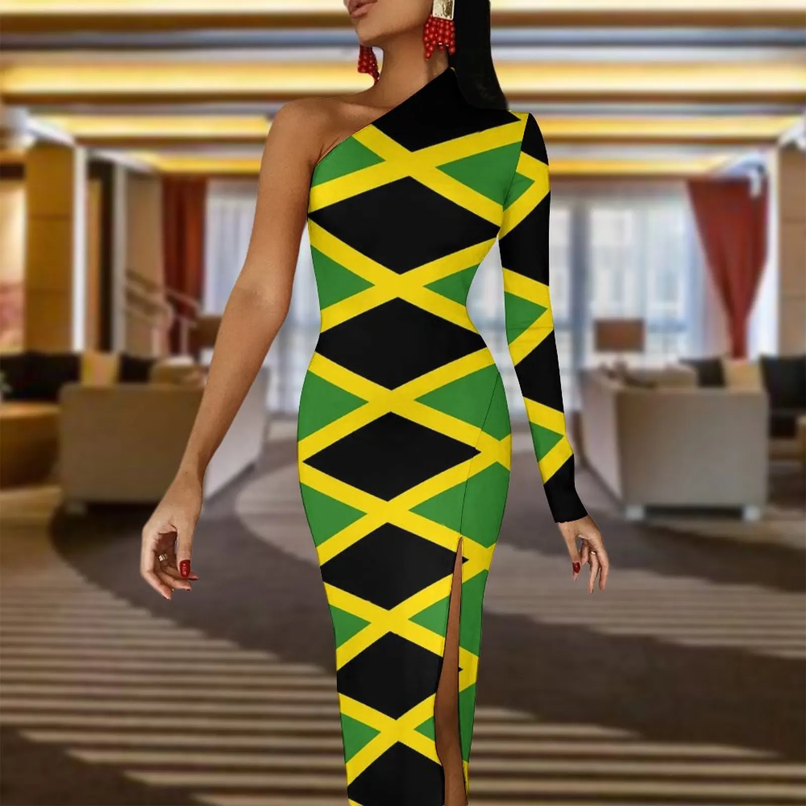 Jamaican Flag Long Dress Female Love for Jamaica Aesthetic Maxi Dress Autumn Elegant Bodycon Dresses High Slit Design Vestidos