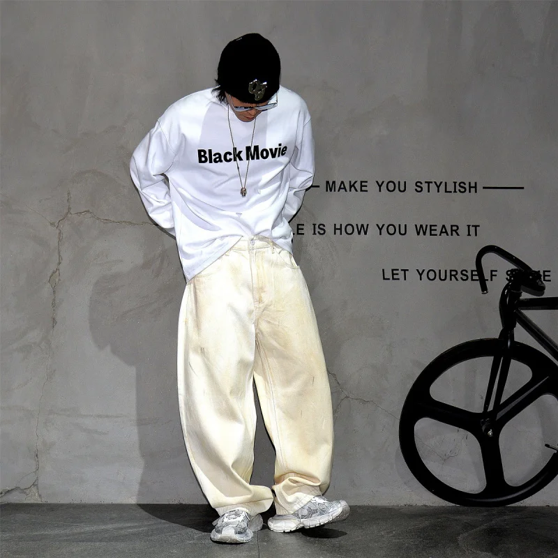 

Wasteland Vintage Dirty White Curved Wide Leg Jeans Men, Trendy Streetwear Loose Casual Trousers