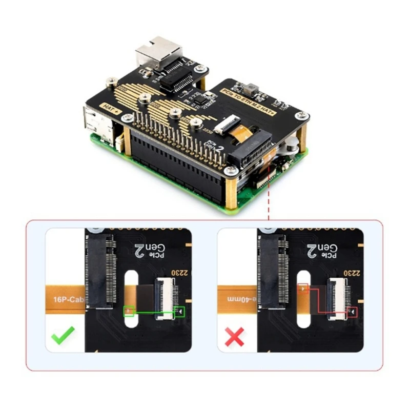 16PIN PCIe to 1000M Ethernet M.2 Adapter for Pi5 Expansion Supports NVMe Solid Disk 2230/2242/2260/2280 Solid Disks