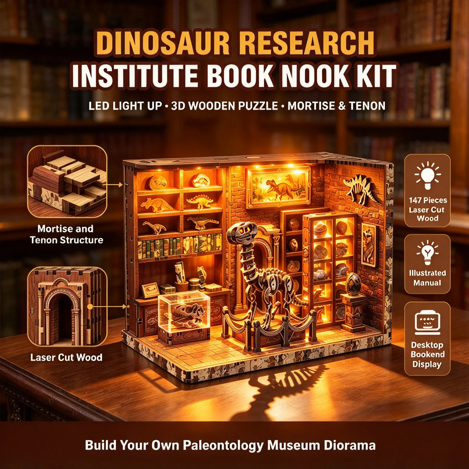 3D Wooden Jigsaw Puzzle Set Dinosaur Research Institute Book Nook Kit DIY Miniature Diorama House with LED Light Craft Set Gifts